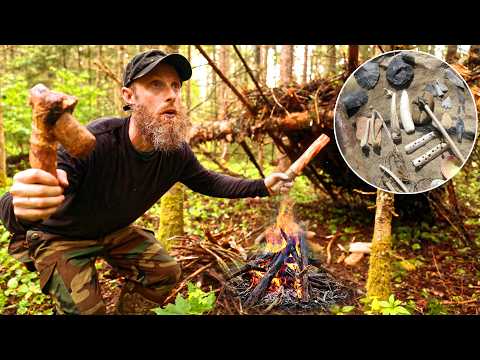 Using Primitive Tools for Survival - Catch, Clean Fish, Shelter Build, Friction Fire (ASMR - Silent)