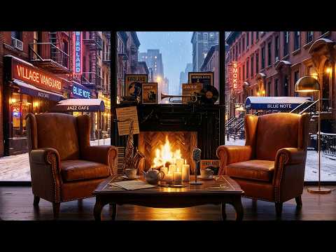 New York Jazz Cozy Fireplace Ambience ❄️ Snowy Winter Day Cafe, Crackling Fire & Smooth Jazz Piano