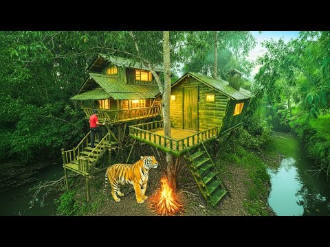 Survival Build Bamboo Tree House Complex | Expanding Jungle Shelter & Tiger Near the Campfire