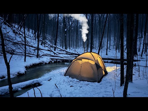 Hot Tent Camping in Freezing Rain | Snowy Valley by a Stream