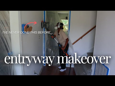 DIY BUDGET ENTRYWAY MAKEOVER | Skim Coating Over Textured Ceiling & Walls | Small Entryway | EP.1