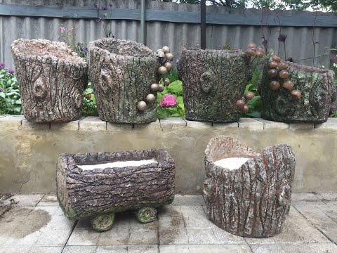 Декоративный горшок-пенёк из яичных лотков и цемента | DIY Cement Pots Shaped Like A Tree Stump