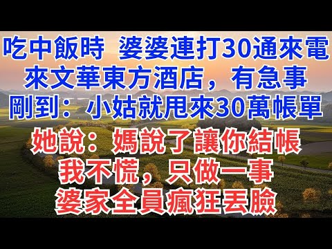 吃中飯時，婆婆連打30通來電，來文華東方酒店，有急事！剛到：小姑就甩來30萬帳單，她說：媽說了讓你結帳！我不慌，只做一事！婆家全員瘋狂丟臉！#慧心家事#為人處世#生活經驗#情感故事#戀愛#情感#婚姻