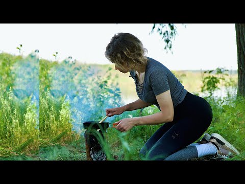 Girl Bushcraft, Solo Camping and Campfire Cooking in the Forest near the river ASMR