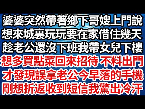 婆婆突然帶著鄉下哥嫂上門說，想來城裏玩玩要在家借住幾天，趁老公還沒下班我帶女兒下樓，想多買點菜回來招待 不料出門，才發現誤拿老公今早落的手機，剛想回去換收到的短信卻讓我驚出冷汗【倫理】【都