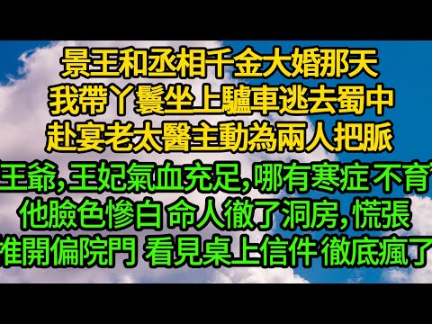 景王和丞相千金大婚那天 我帶丫鬟坐上驢車逃去蜀中，赴宴老太醫主動為兩人把脈“王爺，王妃氣血充足，哪有寒症 不育”他臉色慘白 命人徹了洞房，慌張推開偏院 看見桌上信件 徹底瘋了