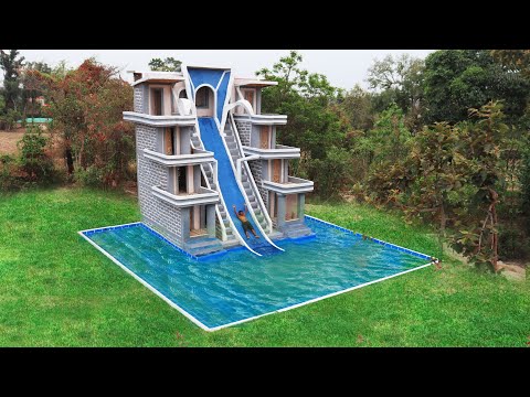 Build Creative The Relax Water Slide Park To Swimming Pool With 4-Story Villa House