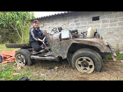 The girl repairs and restores old scrap cars for her neighbor.