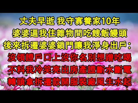 丈夫早逝 我守寡養家10年,婆婆逼我住雜物間吃餿飯饅頭,後來拆遷婆婆鎖門讓我淨身出戶:沒領證戶口上沒你名別想蹭吃喝,不料我冷笑亮出房產證斷水斷電,轉頭拿拆遷款開服裝廠風生水起