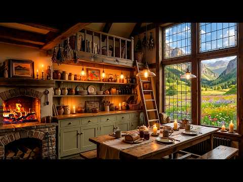 Healing with Soft Jazz Background Music at Vintage Kitchen Ambience & Crackling Fireplace