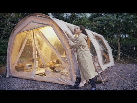 강풍이 불고 눈비 내리는 날 새로운 초대형 에어텐트로 캠핑하기 | 타코와 과메기김밥 만들어 먹기