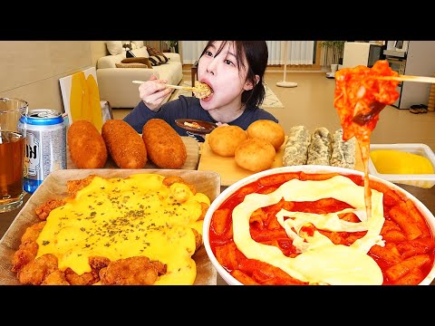 ASMR MUKBANG| 엽기떡볶이 체다치즈 양념치킨 핫도그 치즈볼 먹방 & 레시피 FRIED CHICKEN AND Tteokbokki EATING
