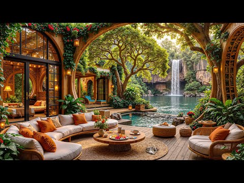 Peaceful Morning Coffee Shop Ambience by Waterfall 🌤️ Relaxing Summer Jazz Music for Begin the day