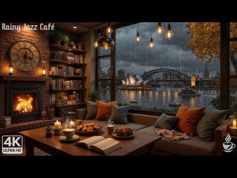 Soothing Rainfall & Warm Fireplace 🍁 Autumn Coffee Shop Jazz for Relaxing, Studying & Dreaming