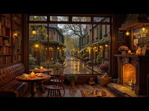 Cozy Coffee Shop & Rainy Jazz Outside | Vintage Autumn Street & Smooth Jazz Piano For Relaxing