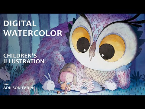 Digital Watercolor Children's Book illustration. Painting Process