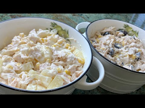 Two incredibly delicious chicken breast salads! Pineapple salad and olive salad.