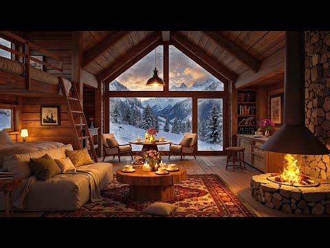 Peaceful Winter Cabin Retreat 🌄 Gentle Jazz, Fireplace Sounds & Snowy Mountain Views