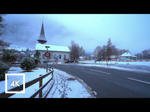 Lauterbrunnen, Switzerland Snowfall Walk, River Walk Along Weisse, River and Nature Sounds