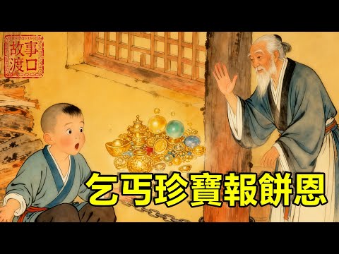雙親去世，六歲孤童被繼母鎖進柴房，餓得啃樹皮，卻把最後一塊乾餅分給流浪乞丐，夜裡乞丐變成仙氣飄飄的老者，贈男童滿屋金銀珠寶！【故事渡口】#民間故事 #故事分享 #善有善報