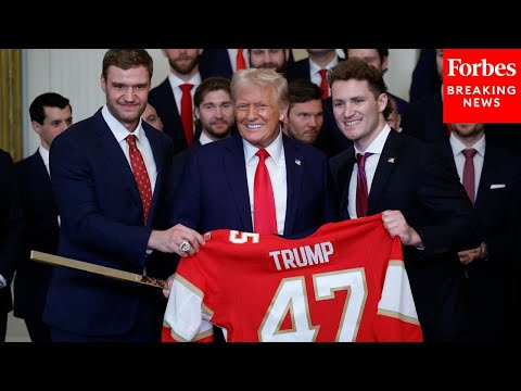 'We've Got A Few Gifts For You...': Matthew Tkachuk, Aleksander Barkov Present Trump With A Jersey