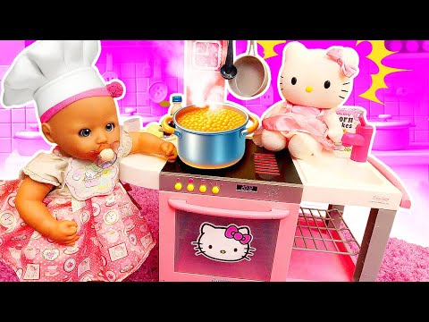 Baby Annabell Doll Prepares Toy Food for the Toy Kitty in the New Kitchen with Cooking Toys