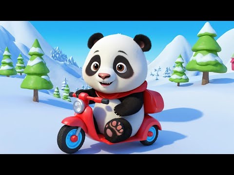 Снежная поездка панды на самокате