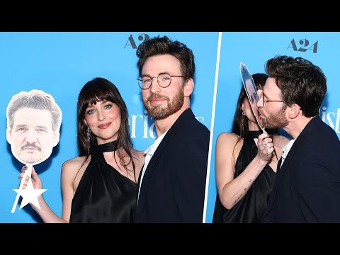 Dakota Johnson & Chris Evans KISS Pedro Pascal Cutout At 'Materialists' Premiere