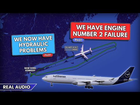 Engine failure and hydraulic problems. Lufthansa Airbus A340 returns to JFK Airport. Real ATC