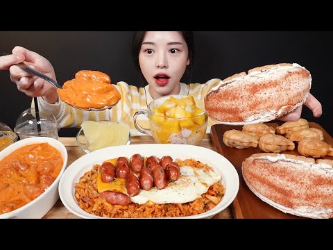 Cheese Sausage Kimchi Fried Rice with Rosé Tteokbokki Mukbang Cream Waffle Mango Bingsu Dessert Asmr