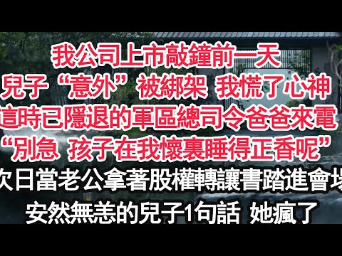 我公司上市敲鐘前一天兒子“意外”被綁架 我慌了心神這時已隱退的軍區總司令爸爸來電“別急 孩子在我懷裏睡得正香呢”次日當老公拿著股權轉讓書踏進會場安然無恙的兒子1句話 她瘋了【顧亞男】【大女主】【婚姻】
