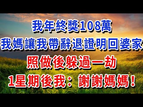 我年終獎108萬，我媽讓我帶辭退證明回婆家，照做後躲過一劫，1星期後我：謝謝媽媽！#書婷講故事 #人生感悟 #養老生活 #故事頻道 #情感故事