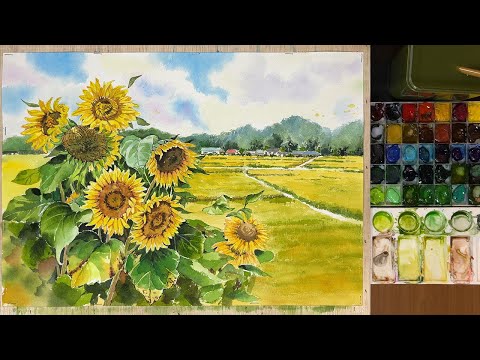 수채화로 가을 들판과 해바라기의 황금색을 아우라 있게 표현하는 기법
