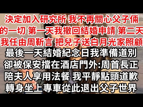 決定加入研究所我不再關心父子倆的一切，第一天我撤回結婚申請，第二天我任由周靳言把兒子送白月光家照顧，最後一天結婚紀念日我準備道別，卻被保安擋在酒店門外:周首長正陪夫人享用法餐，我平靜點頭道歉