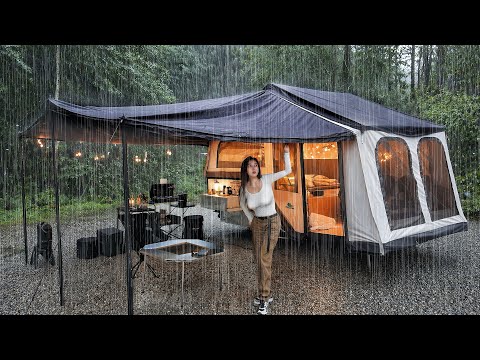 Camping in the Rain in a Luxury Tent Trailer βsounds of nature ASMR