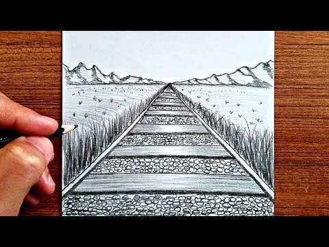 1 Point Perspective Train Way Drawing, One Point Perspective Railway Drawing, One Point Perspective