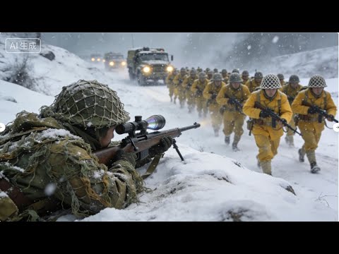 Japanese convoy advances, unaware a Chinese sharpshooter lies in the snow—every shot a headshot.