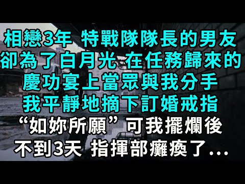 相戀三年 身為特戰隊隊長的他卻為了白月光 ，在任務歸來的慶功宴上，當眾與我分手，我平靜地摘下訂婚戒指，“如妳所願”，可我擺爛後不到3天 指揮部癱瘓了...