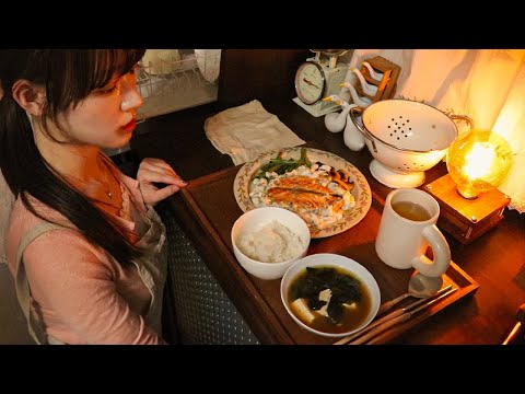 Salmon steak, hand-pulled potato dough soup after work at a cafe. vlog of making chives pancake