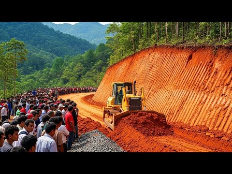 Powerful Bulldozer Clears Steep Mountain Slope for Road Construction