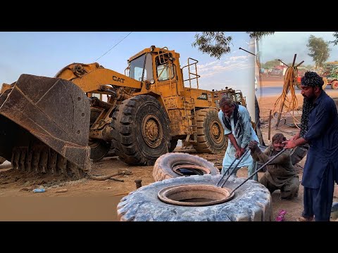Changing Caterpillar Wheel Loader Big Tires Using Talcum Powder Method and Without Any Power Tools