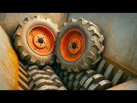 Massive Shredder Destroys Giant Tires with Steel Rims! Extreme Shredding