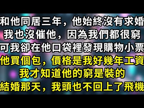 和他同居三年，他始終沒有求婚，我也沒催他，因為我們都很窮，可我卻在他口袋裡發現購物小票，他買個包，價格是我好幾年工資，我才知道他的窮是裝的，結婚那天，我頭也不回上了飛機#言情 #故事 #一口氣看完