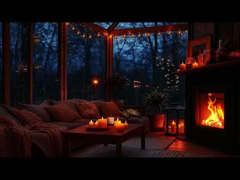 Rainy Evening in a Cozy Sunroom | Crackling Fireplace, Warm Lights & Sleeping Cat