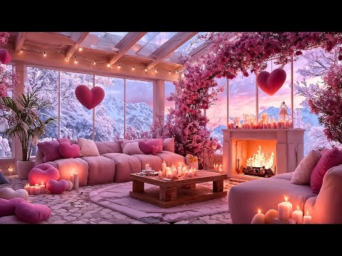 Dreamy Valentine’s Pink Snow Porch 💕❄️🔥 Jazz for Love & Stress Relief | Cozy Fireplace Ambience