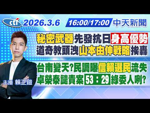 【🔴LIVE直播中】身高優勢"秘密武器"先發抗日!道奇教頭提前洩"山本由伸戰略"!|台南變天?民調曝信賴選民流失 卓榮泰譴責案53:29綠委人咧?|賴正鎧報新聞20260306@中天新聞CtiNews