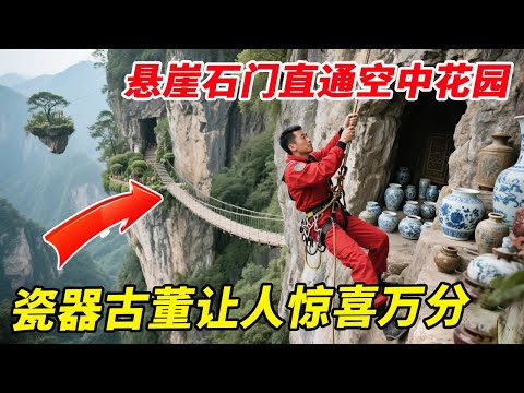 300米高悬崖峭壁惊现石门，据说背后直通空中花园！深入其中发现瓷器古董惊喜万分【户外小北哥】