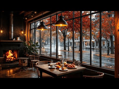Cozy Fall Coffee Shop Ambience with Rain Sounds & Crackling Fireplace πβ Smooth Jazz Music for Calm