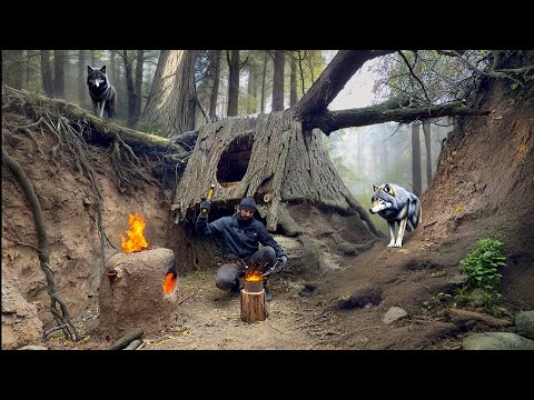 Building a Hanging Shelter on a Fallen Tree | Survival in the Wolf’s Den