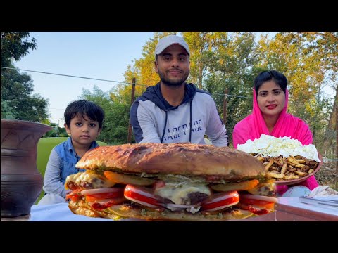 GIANT BURGER 🍔 I Nothing Can be Better than Prepared at Home I Outdoor Cooking I Roza Food Rail I